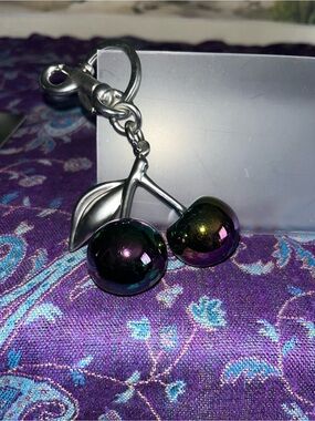 Iridescent Cherry Silver tone Keychain Charm - Multi-Color